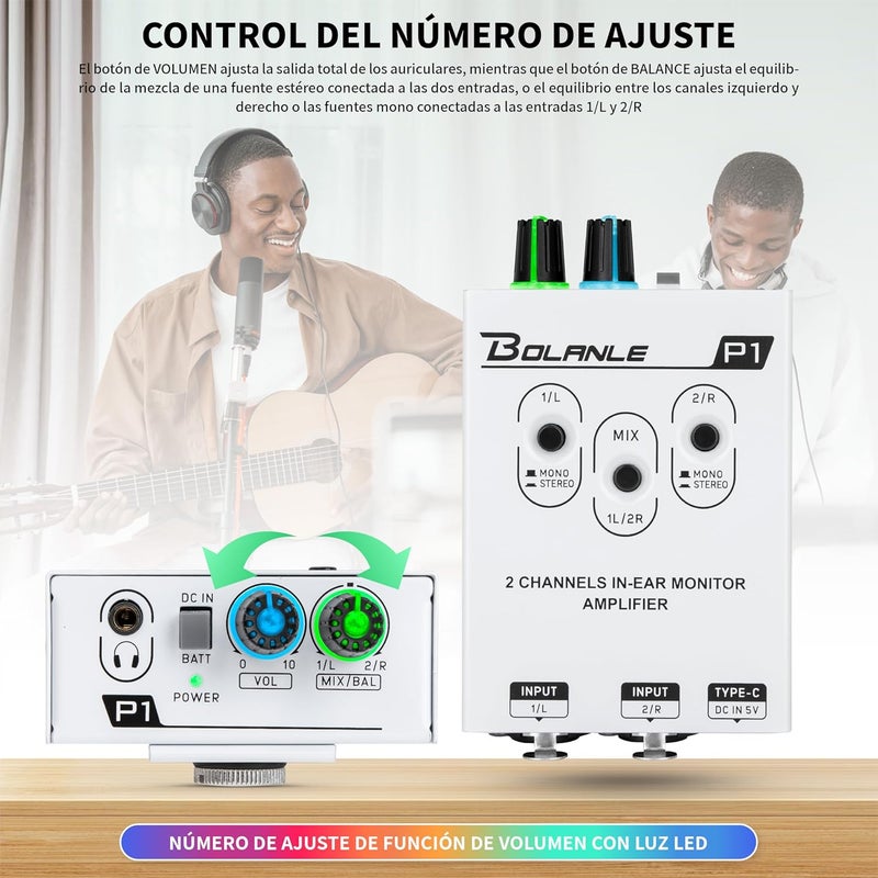 Bolanle P1 Portable in Ear Monitor Amplifier, Headphone Amp with XLR and TRS Input 3.5mm Output, Headphone Amplifier with Stereo/Mono Switch for Keyboardists, Drummers, Guitar (Dual Channel) - Image 4